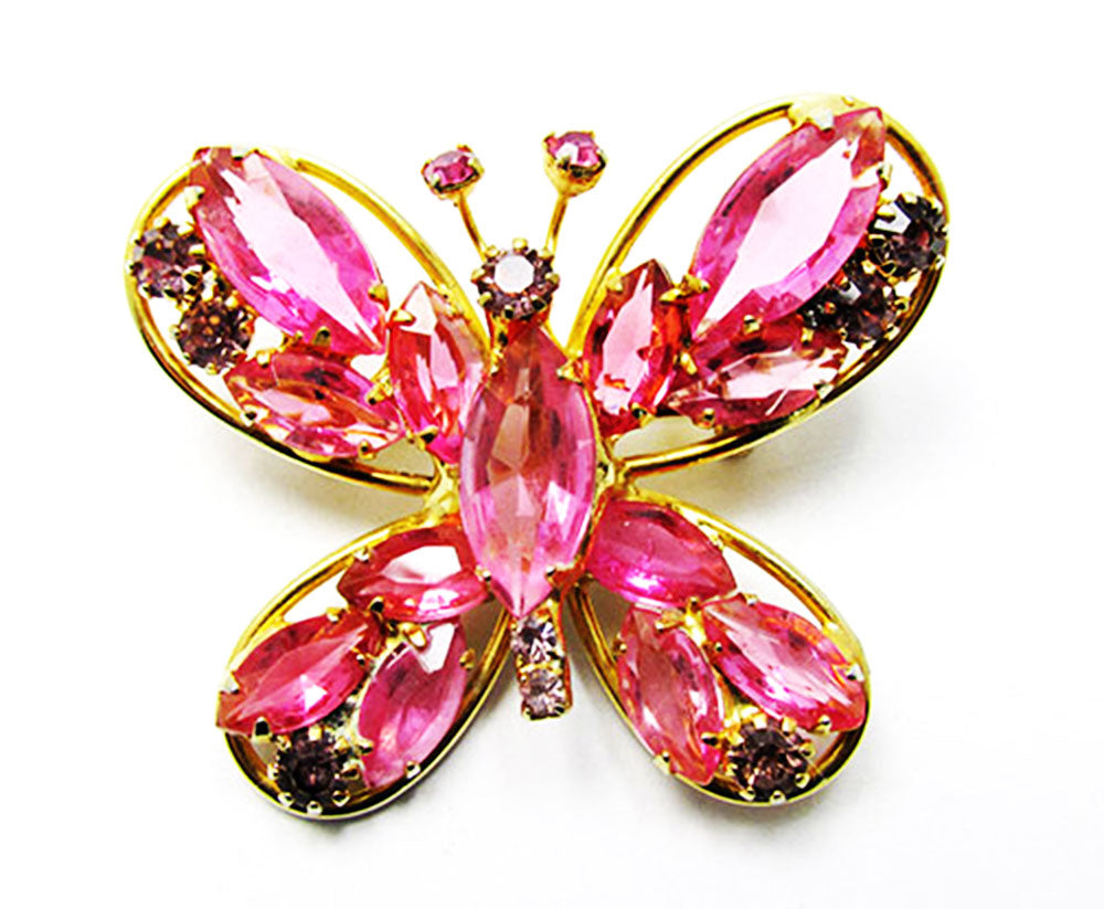 Vintage 1950s Jewelry Eye-Catching Pink Diamante Butterfly Pin - Front