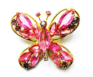 Vintage 1950s Jewelry Eye-Catching Pink Diamante Butterfly Pin - Front