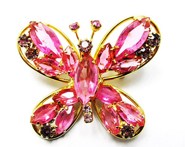 Vintage 1950s Jewelry Eye-Catching Pink Diamante Butterfly Pin - Front
