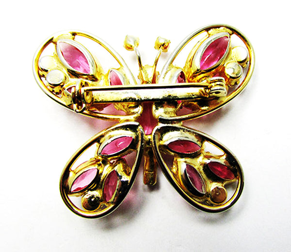 Vintage 1950s Jewelry Eye-Catching Pink Diamante Butterfly Pin - Back