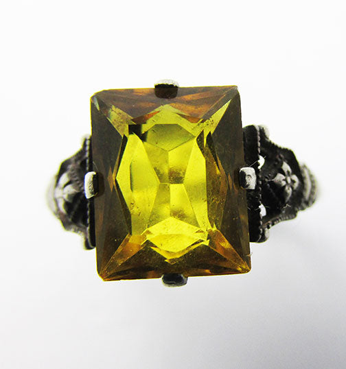 Vintage 1940s Glamorous Sterling Silver and Citrine Rhinestone Ring