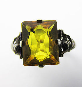 Vintage 1940s Glamorous Sterling Silver and Citrine Rhinestone Ring