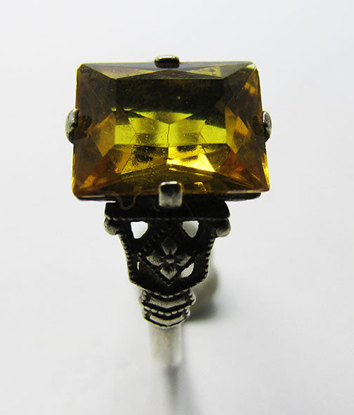 Vintage 1940s Glamorous Sterling Silver and Citrine Rhinestone Ring