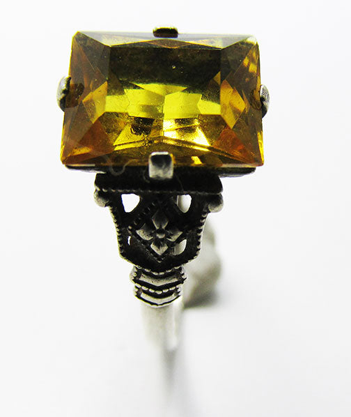 Vintage 1940s Glamorous Sterling Silver and Citrine Rhinestone Ring