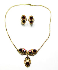 Van Dell 1940s Vintage Jewelry Ruby Diamante Necklace and Earrings -  Front - Thumbnail