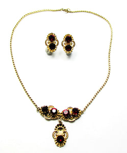 Van Dell 1940s Vintage Jewelry Ruby Diamante Necklace and Earrings -  Front