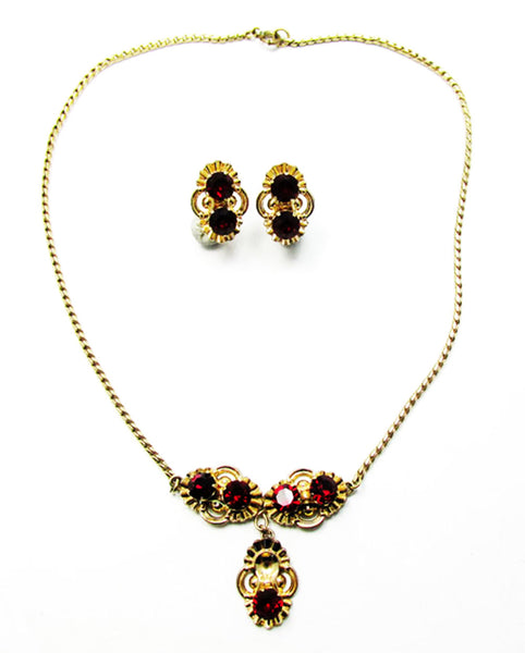 Van Dell 1940s Vintage Jewelry Ruby Diamante Necklace and Earrings - Font