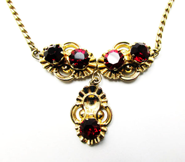 Van Dell 1940s Vintage Jewelry Ruby Diamante Necklace and Earrings - Close Up