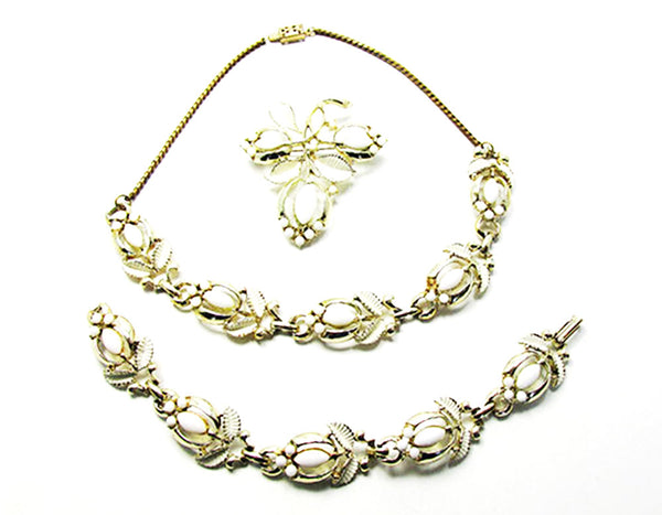 Vintage 1950s Jewelry Mid-Century Diamante Necklace, Bracelet, and Pin