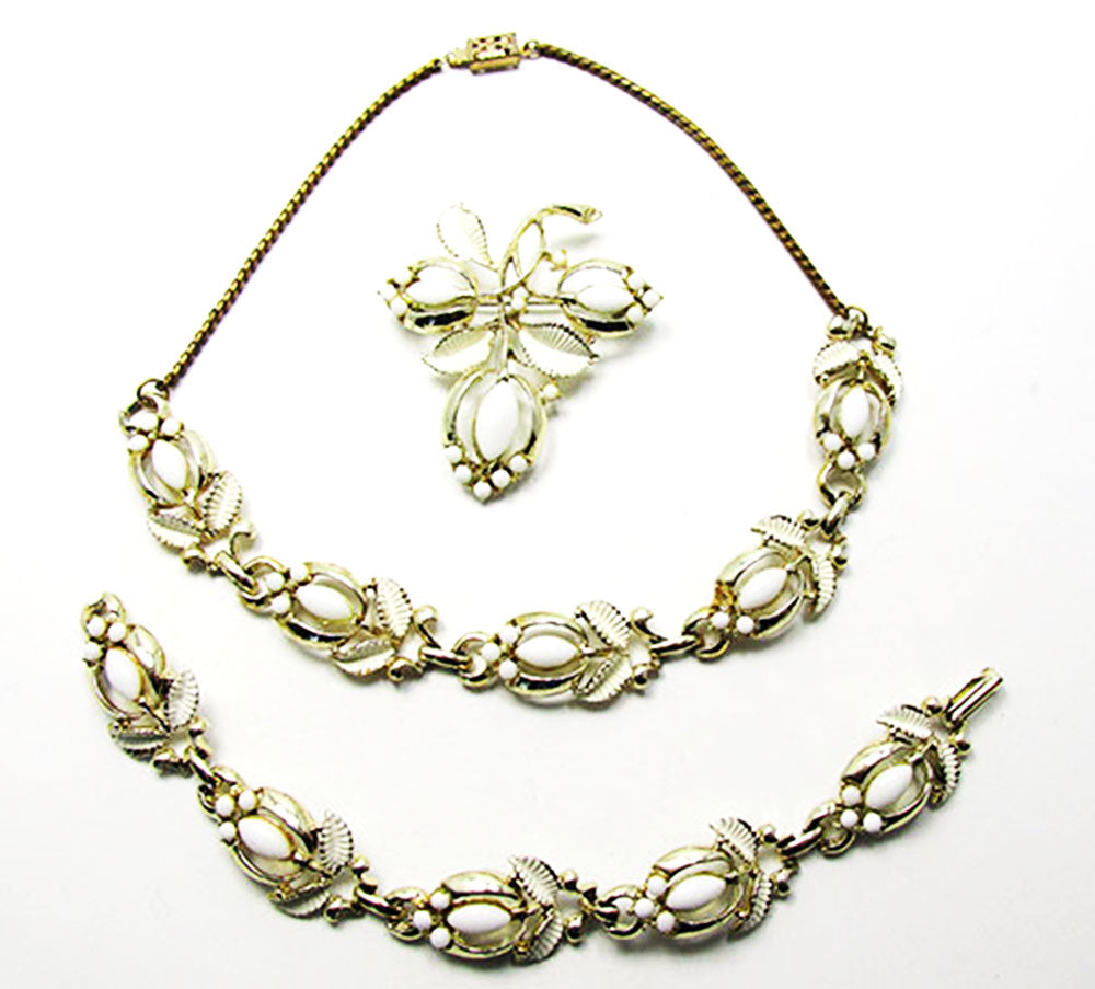 Vintage 1950s Jewelry Mid-Century Diamante Necklace, Bracelet, and Pin - Front