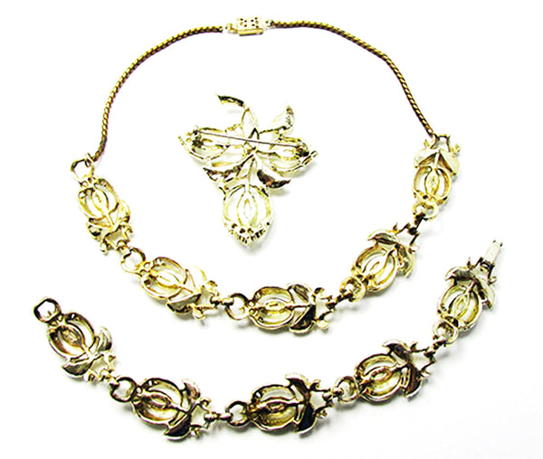 Vintage 1950s Jewelry Mid-Century Diamante Necklace, Bracelet, and Pin - Back