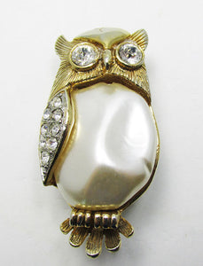 Vintage 1950s Dramatic Mid Century Pearl and Rhinestone Owl Pin
