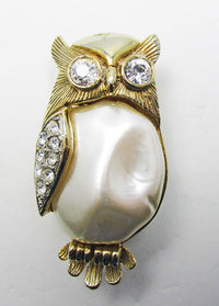 Vintage 1950s Dramatic Mid Century Pearl and Rhinestone Owl Pin - Thumbnail
