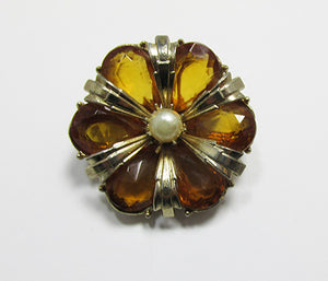 Coro Vintage Mid Century 1950s Beautiful Topaz and Pearl Floral Pin