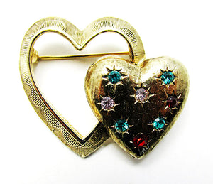 Emmons 1950s Designer Jewelry Eye-Catching Double Heart Diamante Pin - Front