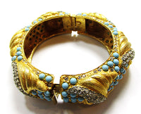Vintage Jewelry 1960s Exquisite Turquoise Diamante Cuff Bracelet - Circumference - Thumbnail