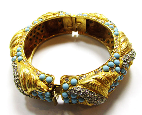Vintage Jewelry 1960s Exquisite Turquoise Diamante Cuff Bracelet - Circumference