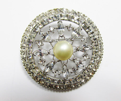 Ciner Vintage 1950s Striking Rhinestone and Pearl Circle Pin