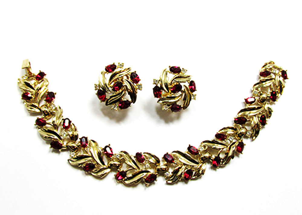 Crown Trifari 1950s Vintage Ruby Diamante Bracelet and Earrings - Front