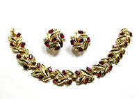 Crown Trifari 1950s Vintage Ruby Diamante Bracelet and Earrings