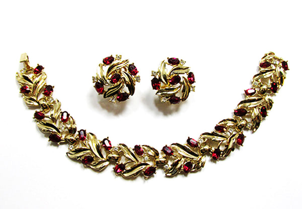 Crown Trifari 1950s Vintage Ruby Diamante Bracelet and Earrings - Front