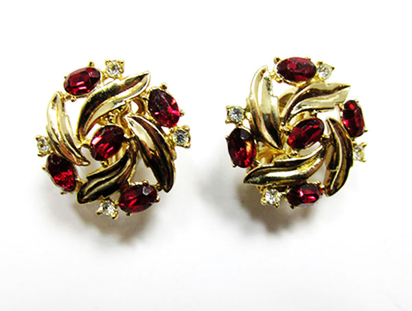 Crown Trifari 1950s Vintage Ruby Diamante Bracelet and Earrings - Earrings