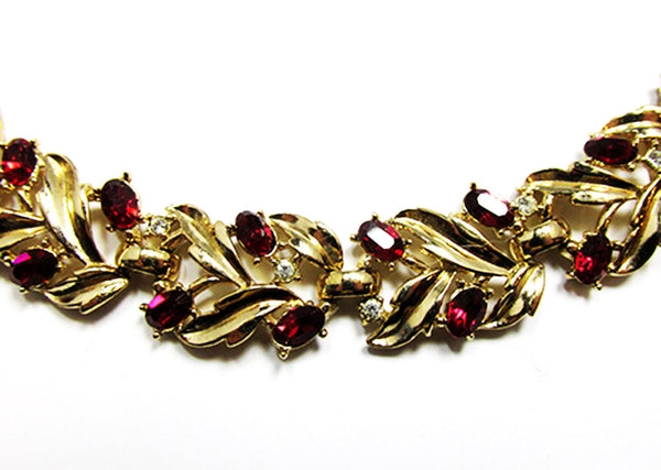 Crown Trifari 1950s Vintage Ruby Diamante Bracelet and Earrings - Close Up