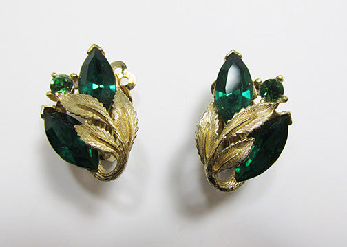 Lisner Vintage 1950s Mid Century Beautiful Emerald Floral Earrings