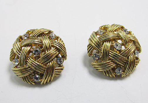 Crown Trifari Vintage Mid Century Basket Weave Button Earrings