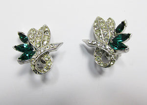 Pell Vintage 1950s Striking Emerald Green and Clear Floral Earrings