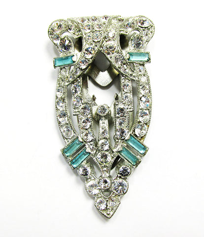 Vintage 1930s Costume Jewelry Aquamarine Diamante Art Deco Dress Clip - Front