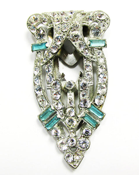 Vintage 1930s Costume Jewelry Aquamarine Diamante Art Deco Dress Clip - Front