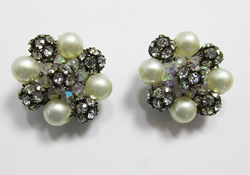 Vintage 1960s Bold Rhinestone, Pearl, and Crystal Button Earrings