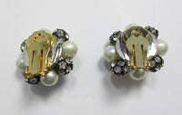 Vintage 1960s Bold Rhinestone, Pearl, and Crystal Button Earrings - Thumbnail