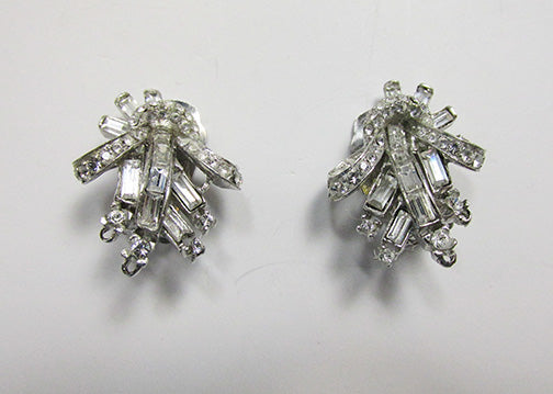Vintage 1940s Retro Sterling Silver Rhinestone Floral Bouquet Earrings