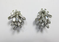 Vintage 1940s Retro Sterling Silver Rhinestone Floral Bouquet Earrings - Thumbnail