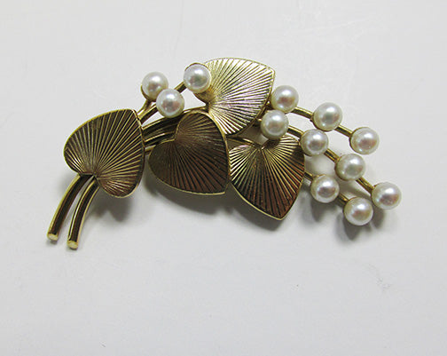 Carl Art Vintage Retro 1940s14Kt Gold and Cultured Pearl Floral Spray Pin