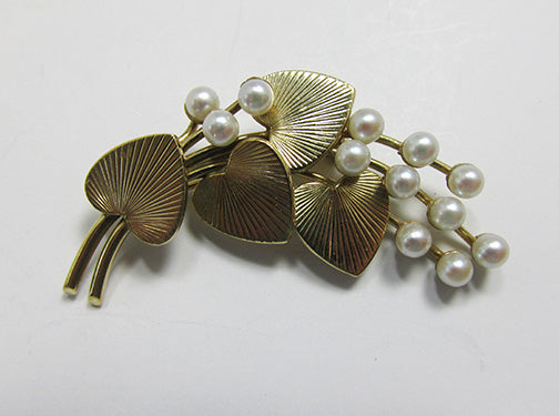 Carl Art Vintage Retro 1940s14Kt Gold and Cultured Pearl Floral Spray Pin