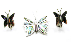 Vintage 1940s Abalone and Sterling Silver Butterfly Pin and Earrings - Front