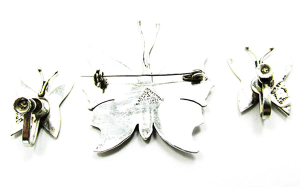 Vintage 1940s Abalone and Sterling Silver Butterfly Pin and Earrings - Back