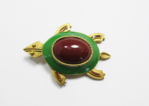 Vintage 1960s Adorable Enameled Carnelian Figural Turtle Pin