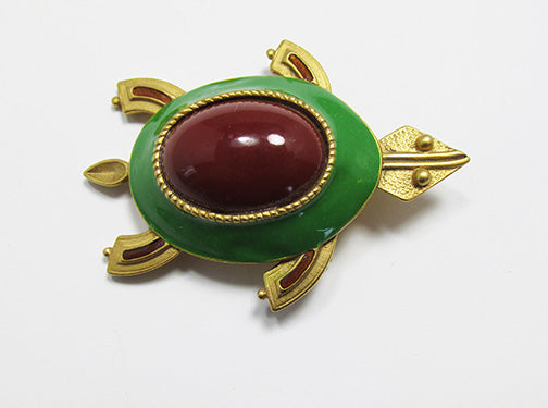 Vintage 1960s Adorable Enameled Carnelian Figural Turtle Pin