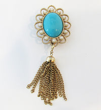 Sarah Coventry Vintage 1970s Lovely Turquoise and Pearl Drop Pin - Thumbnail