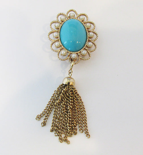Sarah Coventry Vintage 1970s Lovely Turquoise and Pearl Drop Pin