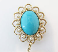 Sarah Coventry Vintage 1970s Lovely Turquoise and Pearl Drop Pin - Thumbnail