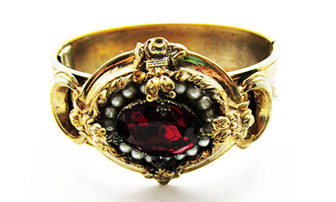 Antique Edwardian Vintage 1910s Diamante Ruby and Pearl Cuff Bracelet - Front