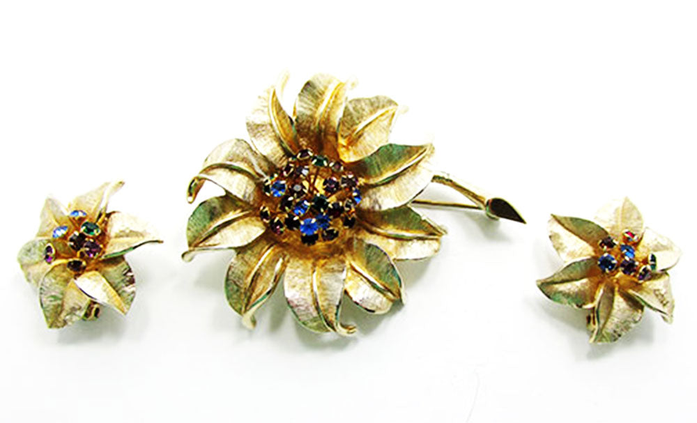 Judy Lee 1950 Vintage Jewelry Stylish Diamante Floral Pin and Earrings - Front