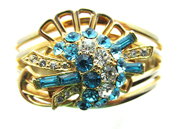 Vintage 1950s Bold Mid-Century Aquamarine Diamante Cuff Bracelet - Close Up