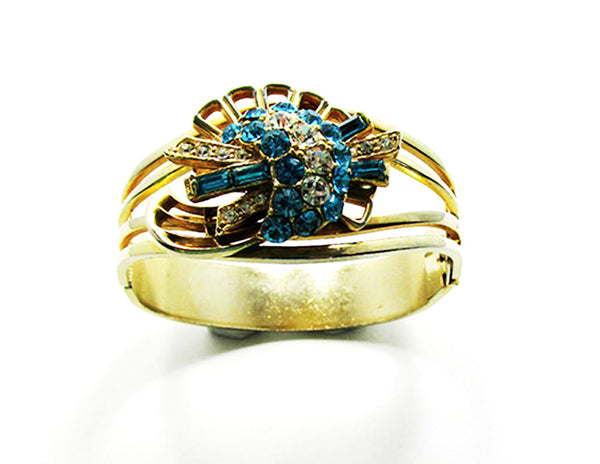 Vintage 1950s Bold Mid-Century Aquamarine Diamante Cuff Bracelet - Front