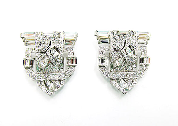 Vintage 1930s Jewelry Exceptional Art Deco Diamante Dress Clips - Front